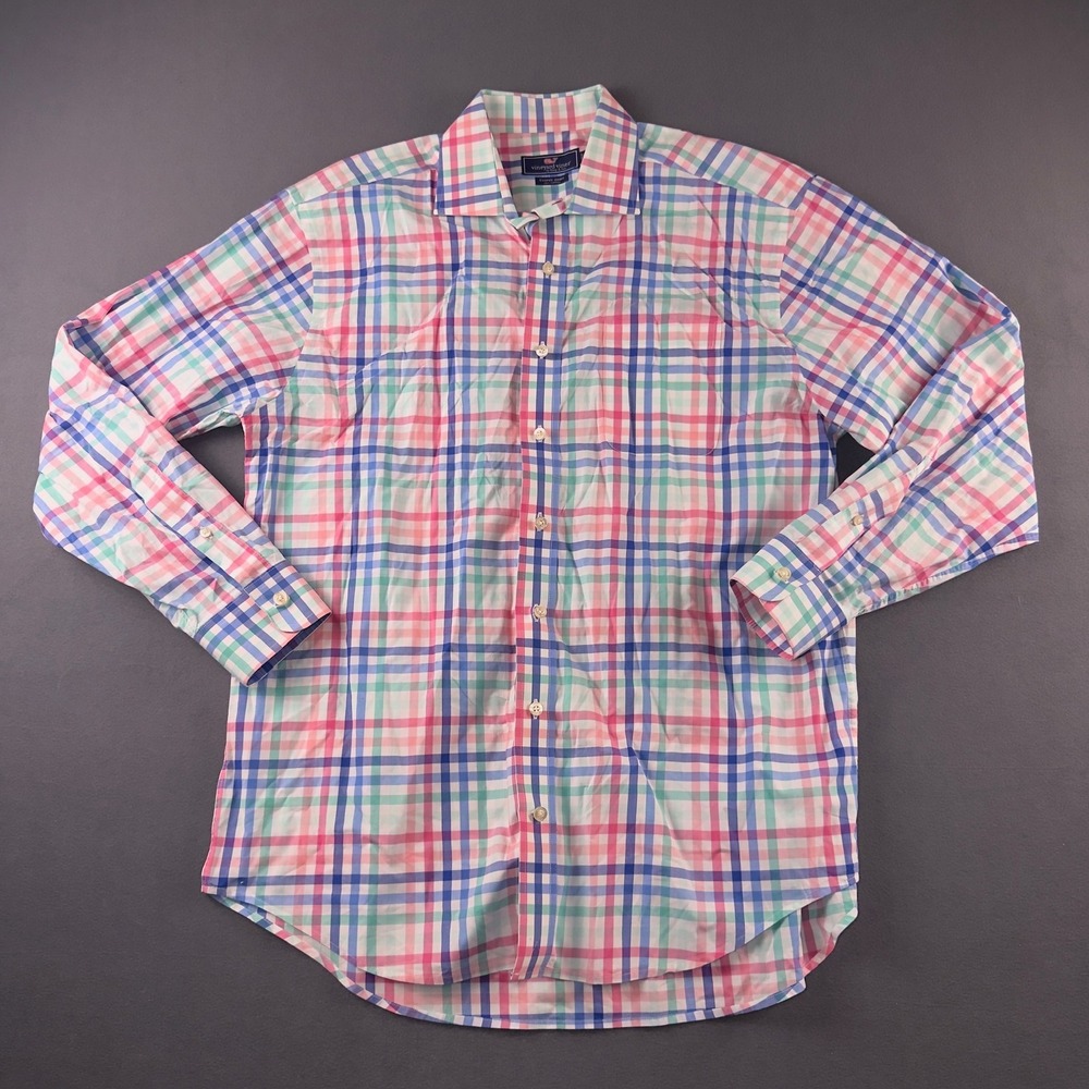 Vineyard Vines Mens Cooper Shirt L Pink Blue Green Plaid Button Down 1W1054